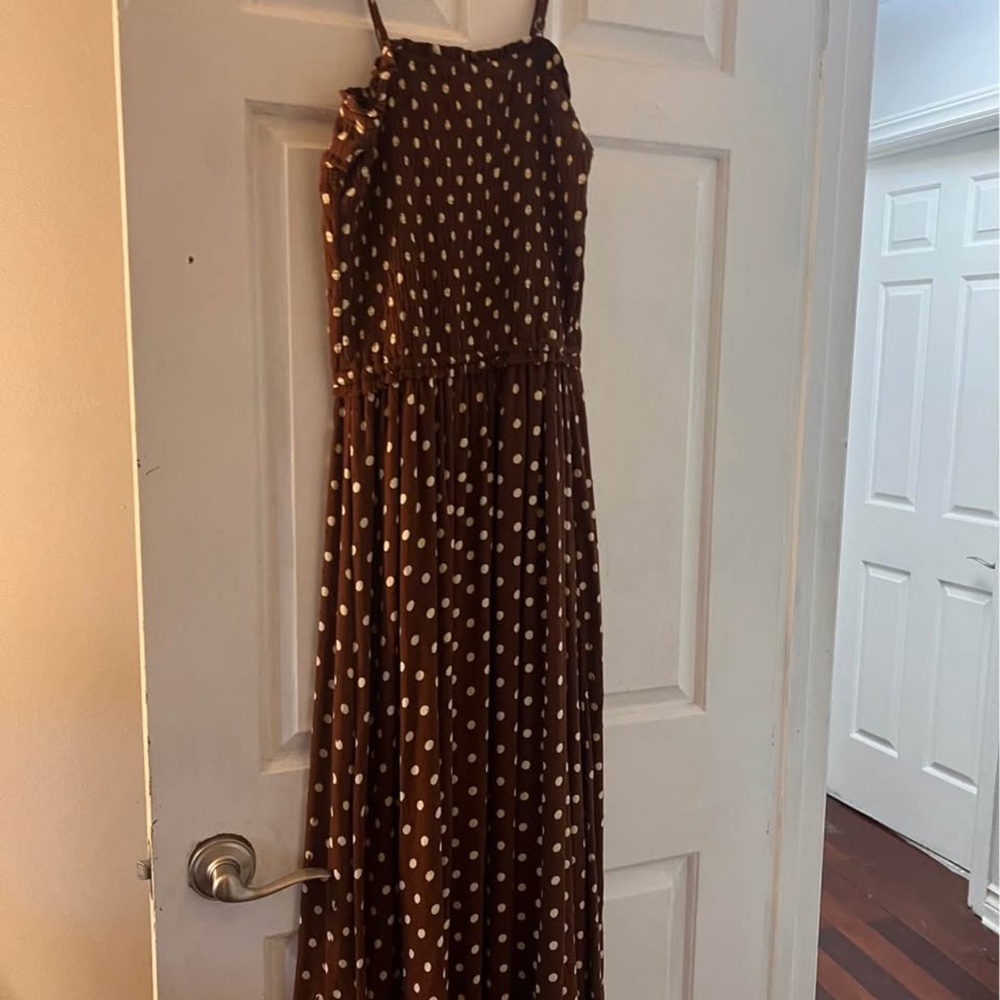 Brown Polka Dot Maxi Dress with Spaghetti Straps